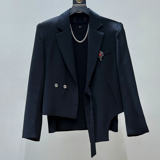 Asymmetric Short Shoulder-Pad Tailored Jacket & Flare Trousers Setup WN23848