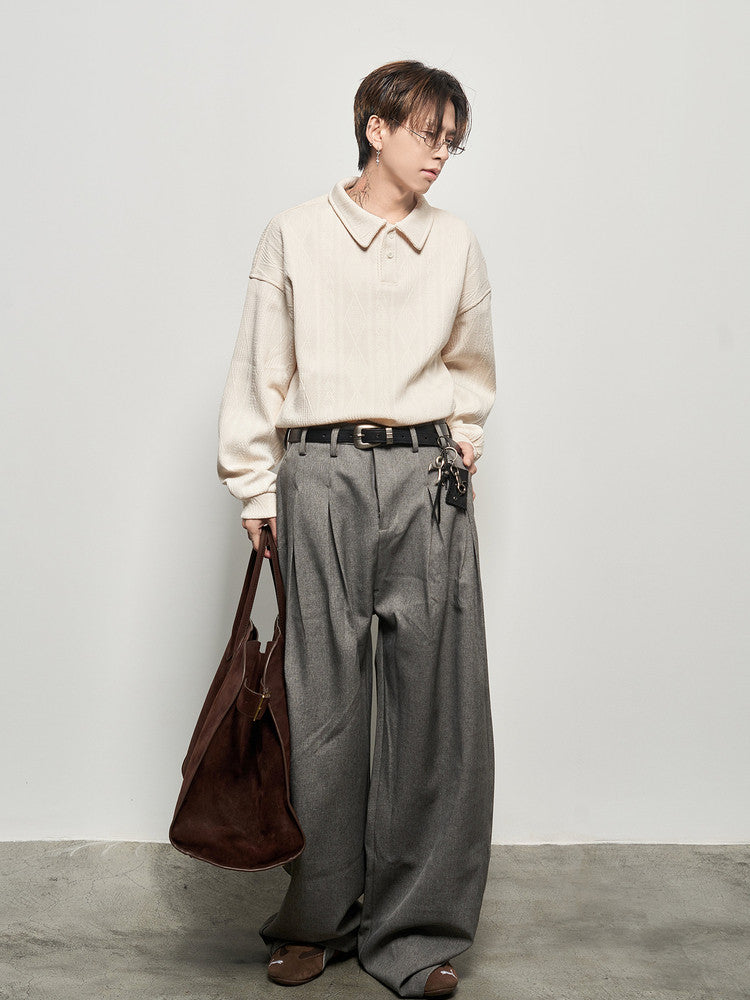 Polo Collar Wheat Jacquard Oversize Long Sleeve T-Shirt WN22939