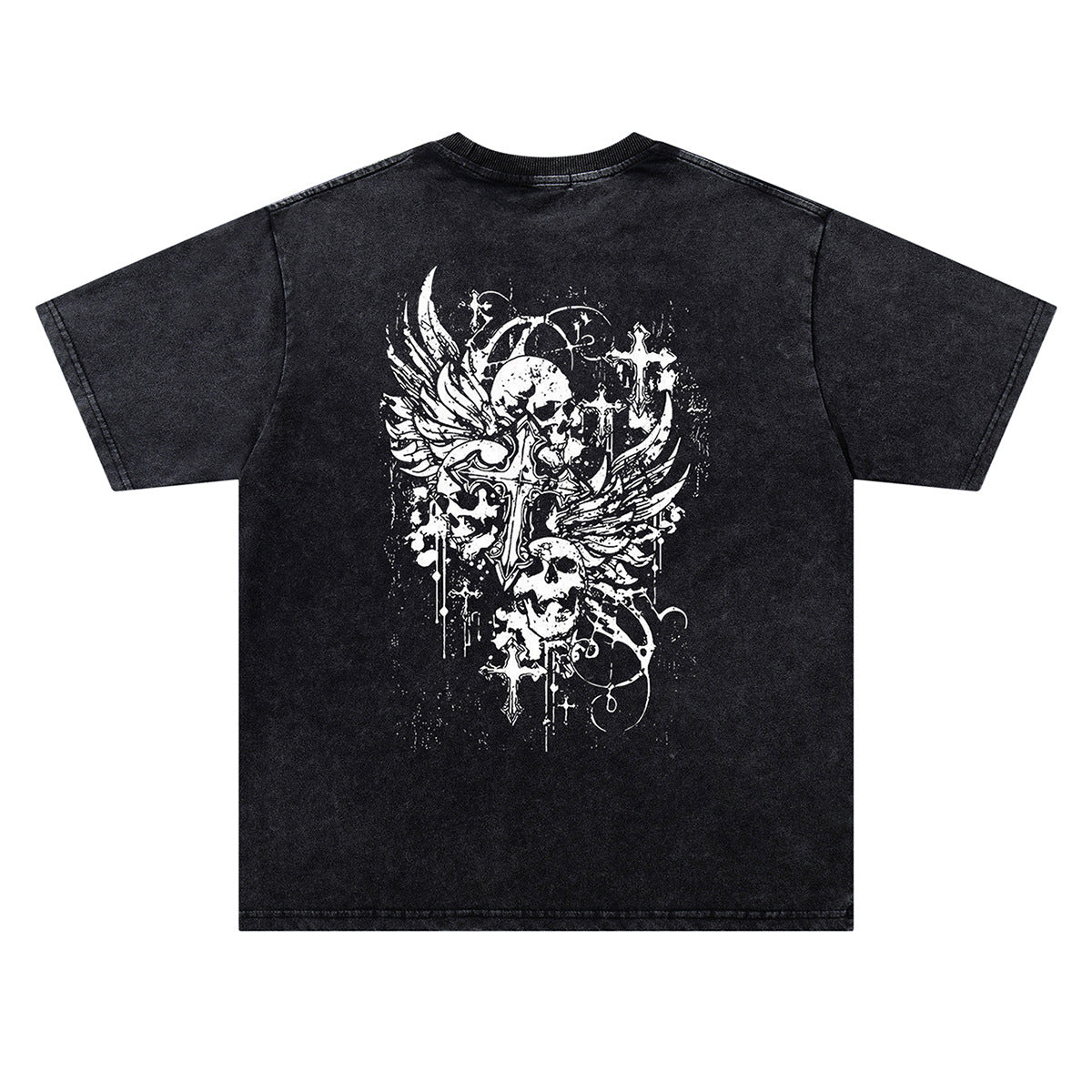 Washed Skeleton Cross Print Oversize Short Sleeve T-Shirt WN26887