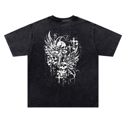 Washed Skeleton Cross Print Oversize Short Sleeve T-Shirt WN26887