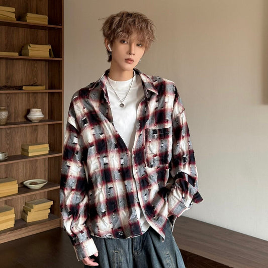 Damage Plaid Oversize Button-Front Long Sleeve Shirt WN23197