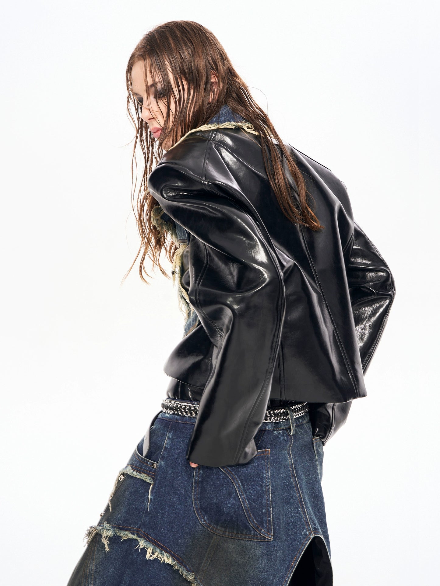 Frayed Denim Patch Rivet PU Leather Short Jacket & PU Leather Pants Setup WN22123