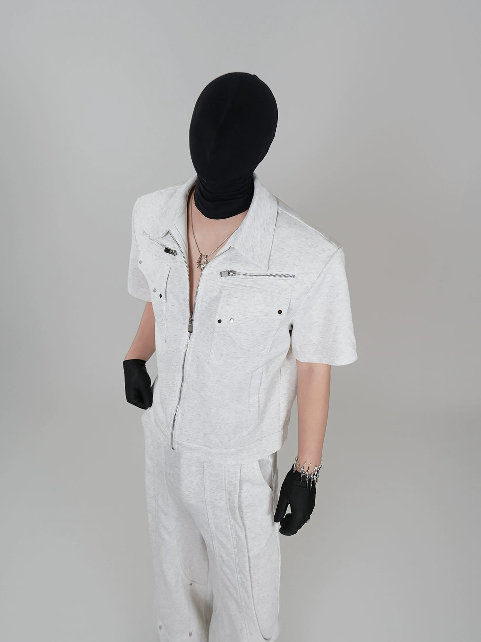 Metal Studs Zipper Jacket & Wide Leg Pants Setup WN17382