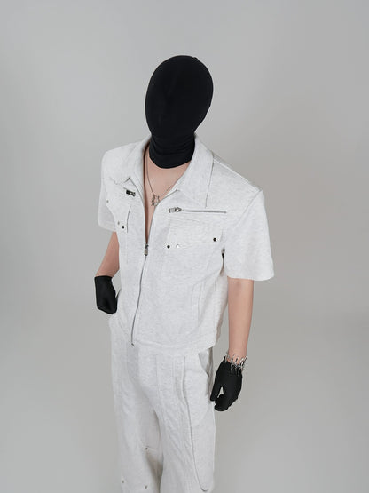 Metal Studs Zipper Jacket & Wide Leg Pants Setup WN17382