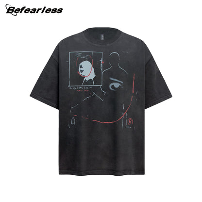 Washed Portrait Print Oversize Short Sleeve T-Shirt WN26384