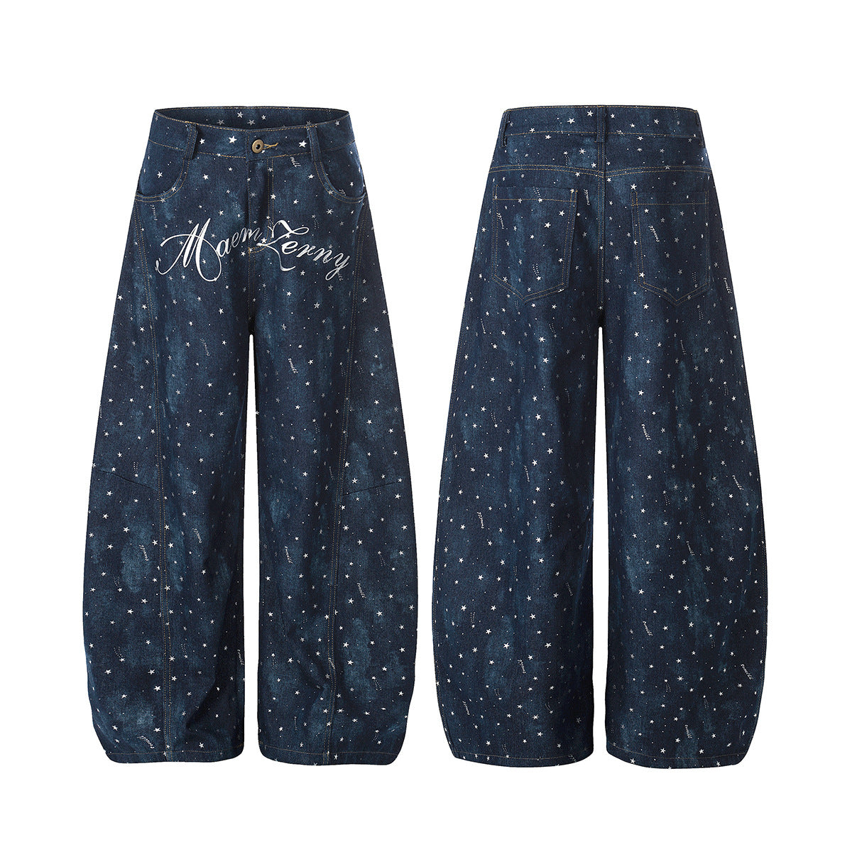 Star Print Curved Wide Leg Denim Jeans WN25696