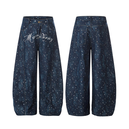 Star Print Curved Wide Leg Denim Jeans WN25696