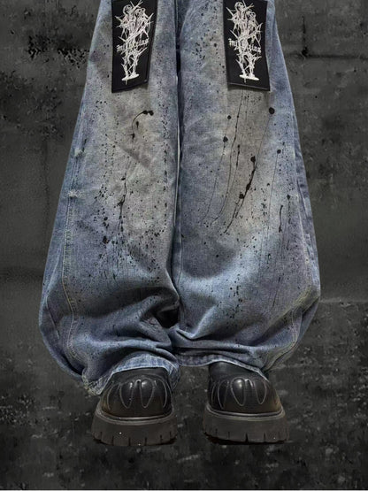 Paint Wash Damage Wide Leg Denim Jeans & Skull Belt & Belt Chain WN23803