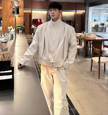 Standing-Collar Short Jacket & Wide Leg Pants Setup WN25286