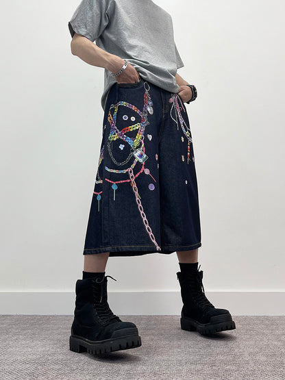 3D Chain Print Wide Leg Half Denim Jeans WN24263