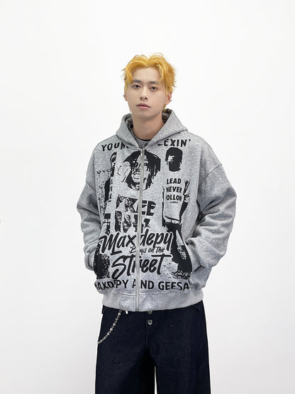 Portrait Letter Graffiti Print Zipper Hoodie WN24271