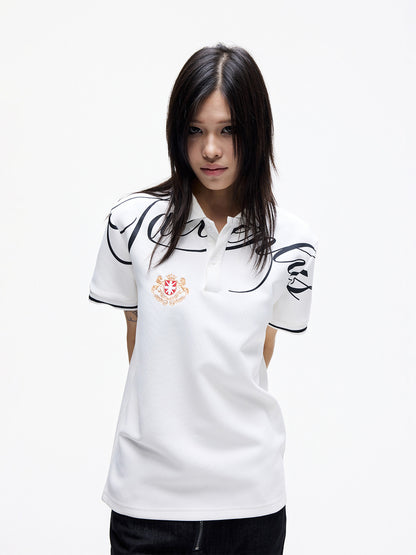 Contrast Script Print Embroidery Polo Collar Short Sleeve T-Shirt WN27292