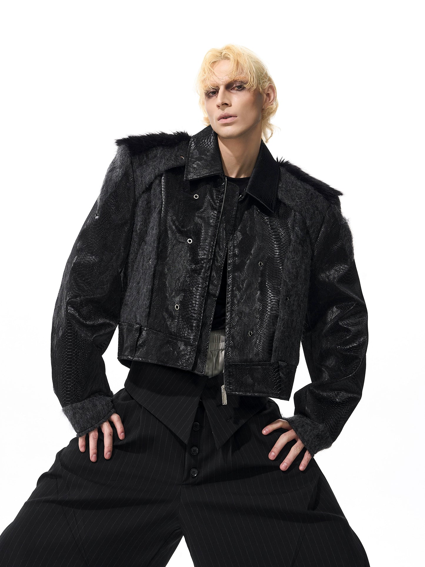 Fake Fur Mix Snake Texture PU Leather Jacket WN21781