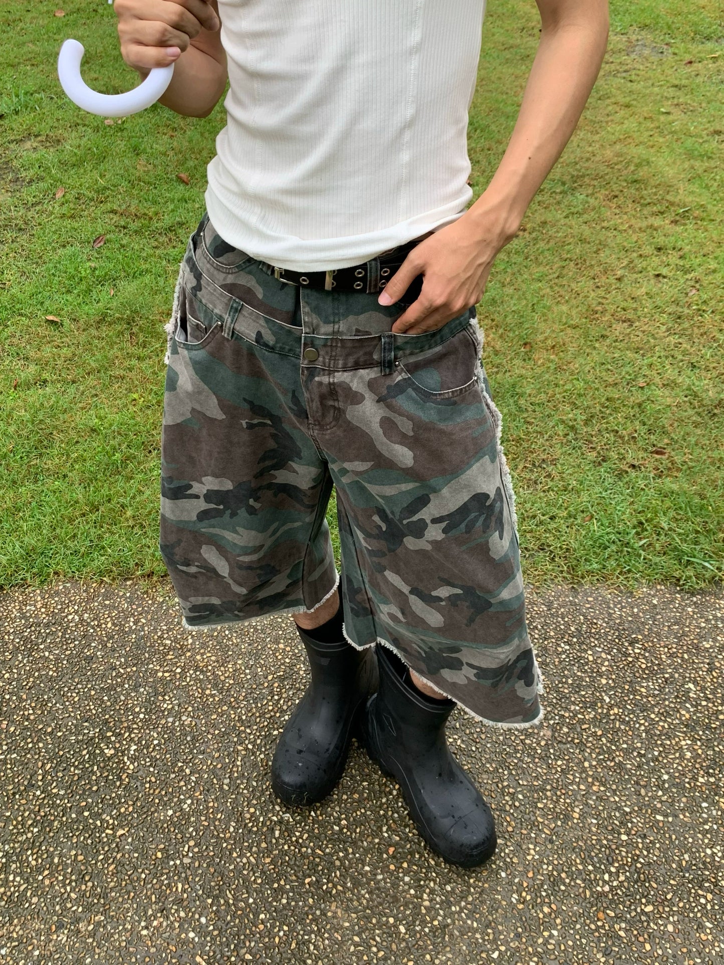 Double Waistband Camouflage Wash Half Pants WN19747