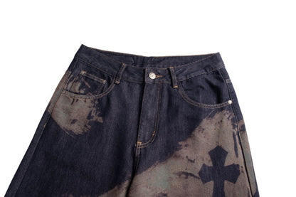 Cross Paint Graphic Wide Leg Denim Jeans WN27972