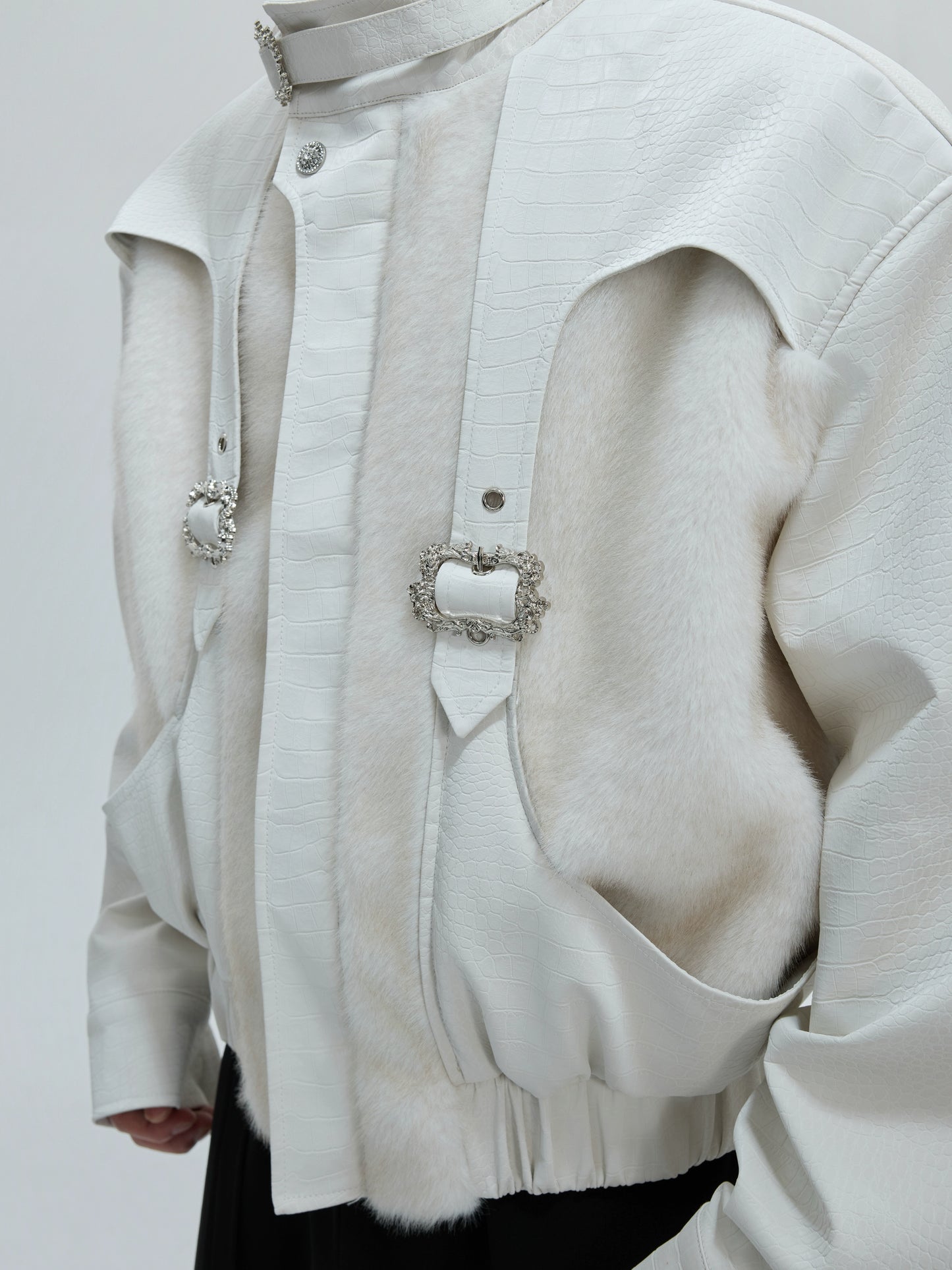 Deconstructed Fake Layered Crocodile Texture Furry PU Leather Jacket WN21723