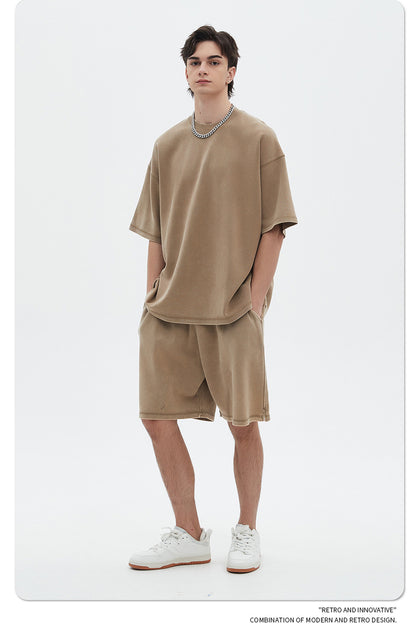 Oversize Washed Short-sleeve T-shirt & Washed Short Sweatpants Setup WN6612