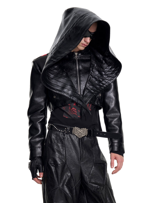 Bat Hat Design PU Leather Hooded Short Jacket WN20926