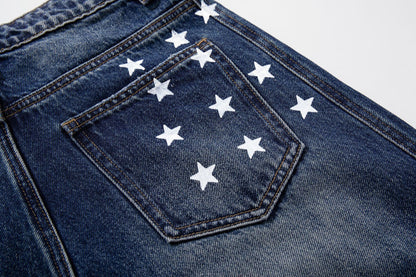 Star Print Curved Wide Leg Denim Jeans WN25727