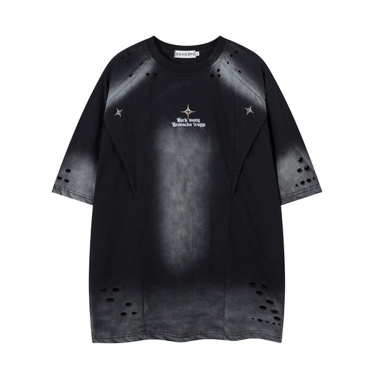 Damage Oversize Letter Embroidery Short Sleeve T-Shirt WN16543