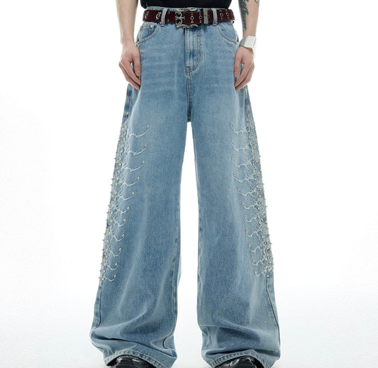 Washed Spine Metal Studs Design Denim Jeans WN16344