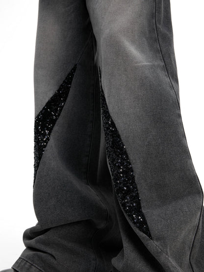 Washed Sequin Damage Straight Denim Jeans WN20670