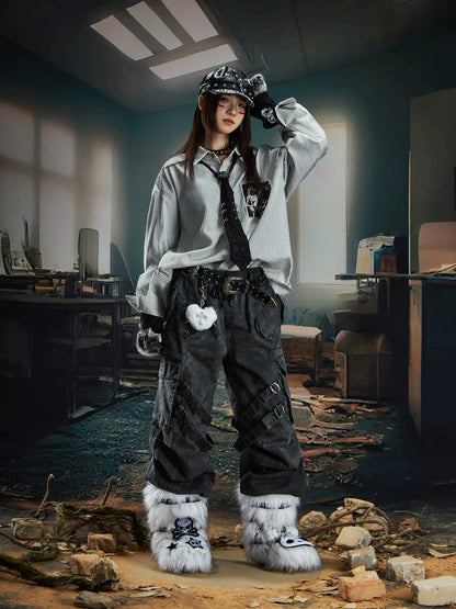 Print Stripe Damage Oversize Long Sleeve Shirt WN20560