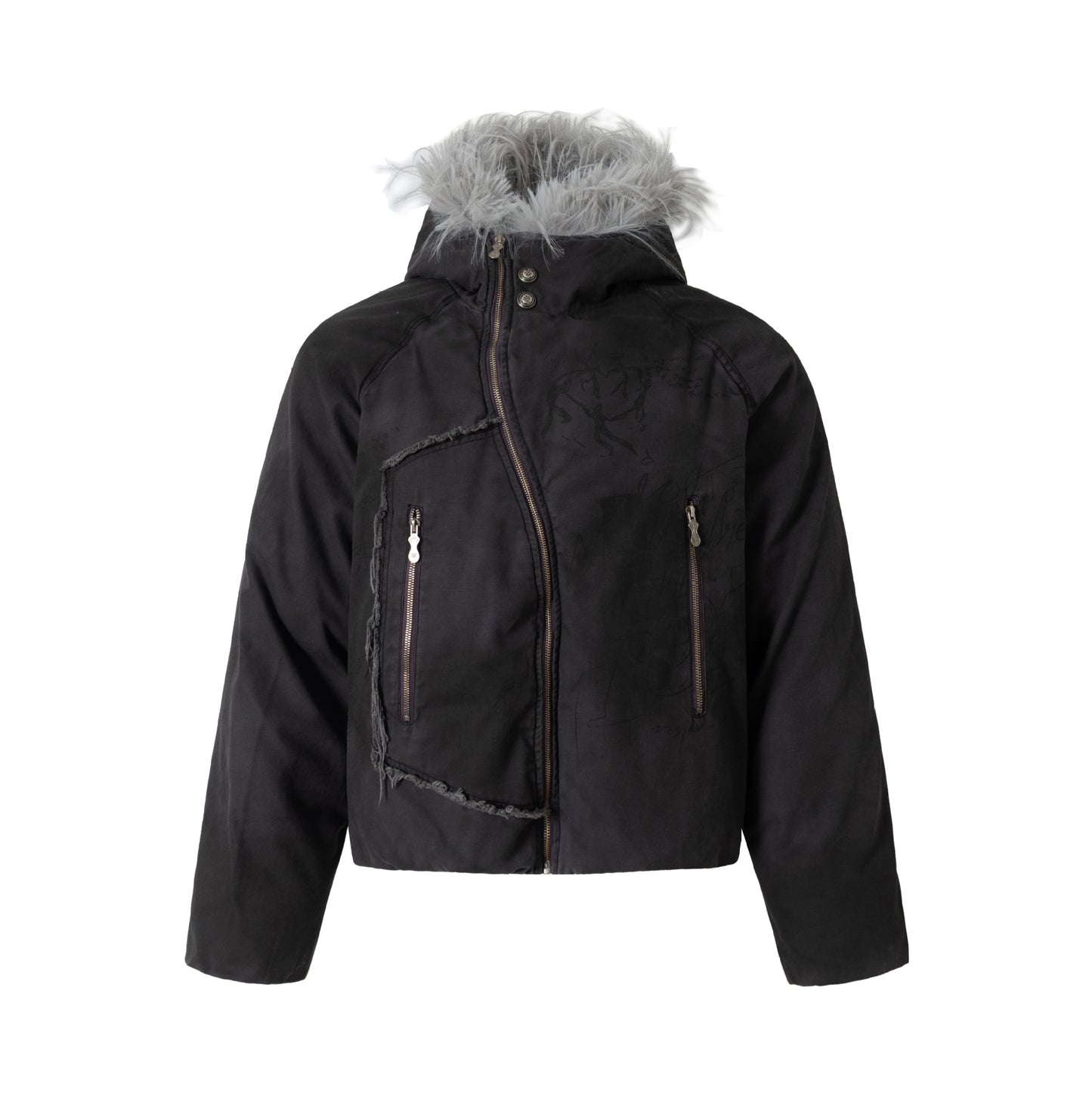 Fake Fur Collar Washed Deconstruction Puffer Jacket WN21925