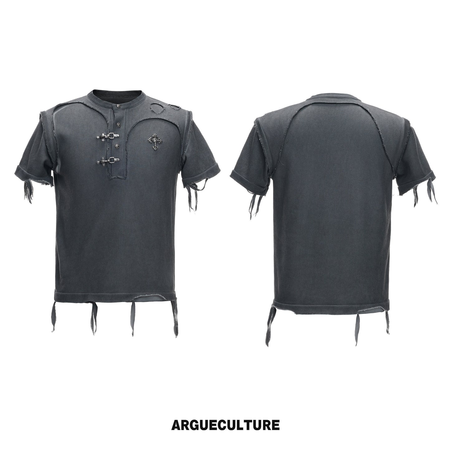 Henley-Neck Ribbed Damage Raw-Edge Short Sleeve T-Shirt WN27026