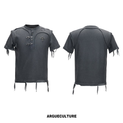 Henley-Neck Ribbed Damage Raw-Edge Short Sleeve T-Shirt WN27026