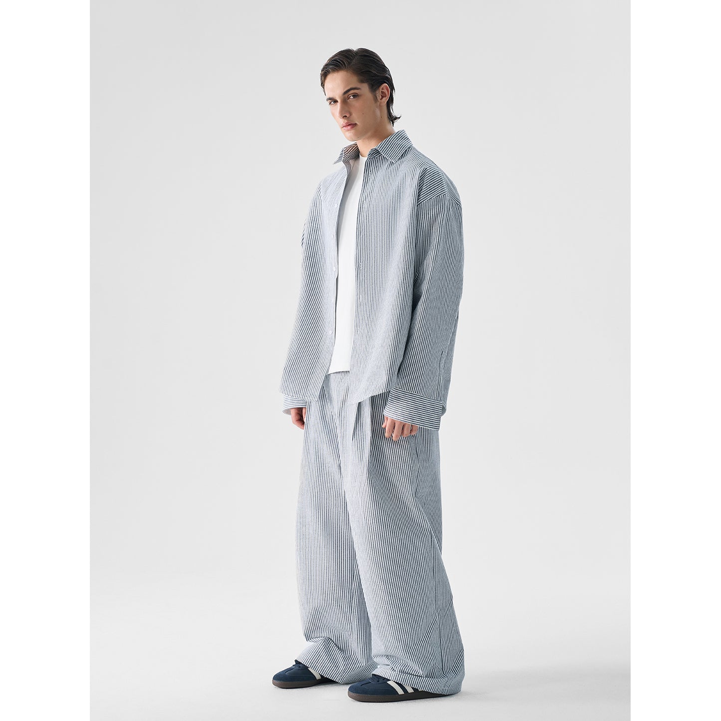 Linen Oversize Stripe Shirt & Stripe Wide-Leg Pants Setup WN15190