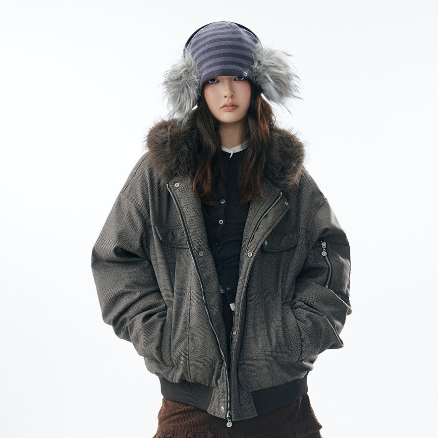Hooded Fake Fur Collar Plaid Puffer Jacket WN21913