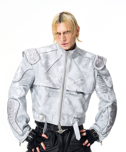 Silver Embroidery Logo PU Leather Short Jacket WN21841