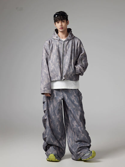 Camouflage Oversize Short Hooded Jacket & Cargo Pants Setup WN13314