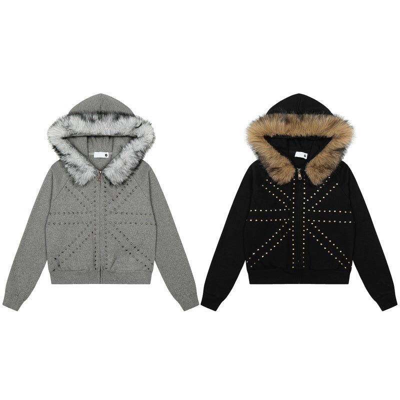 Fake Fur Collar Studs Design Zipper Hoodie WN23579