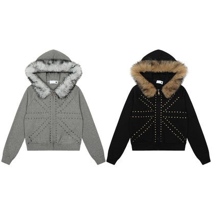 Fake Fur Collar Studs Design Zipper Hoodie WN23579