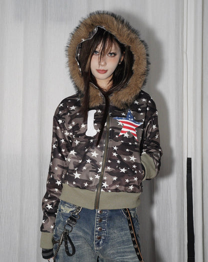 Camouflage Fake Fur-Collar Short Hooded Jacket WN22216