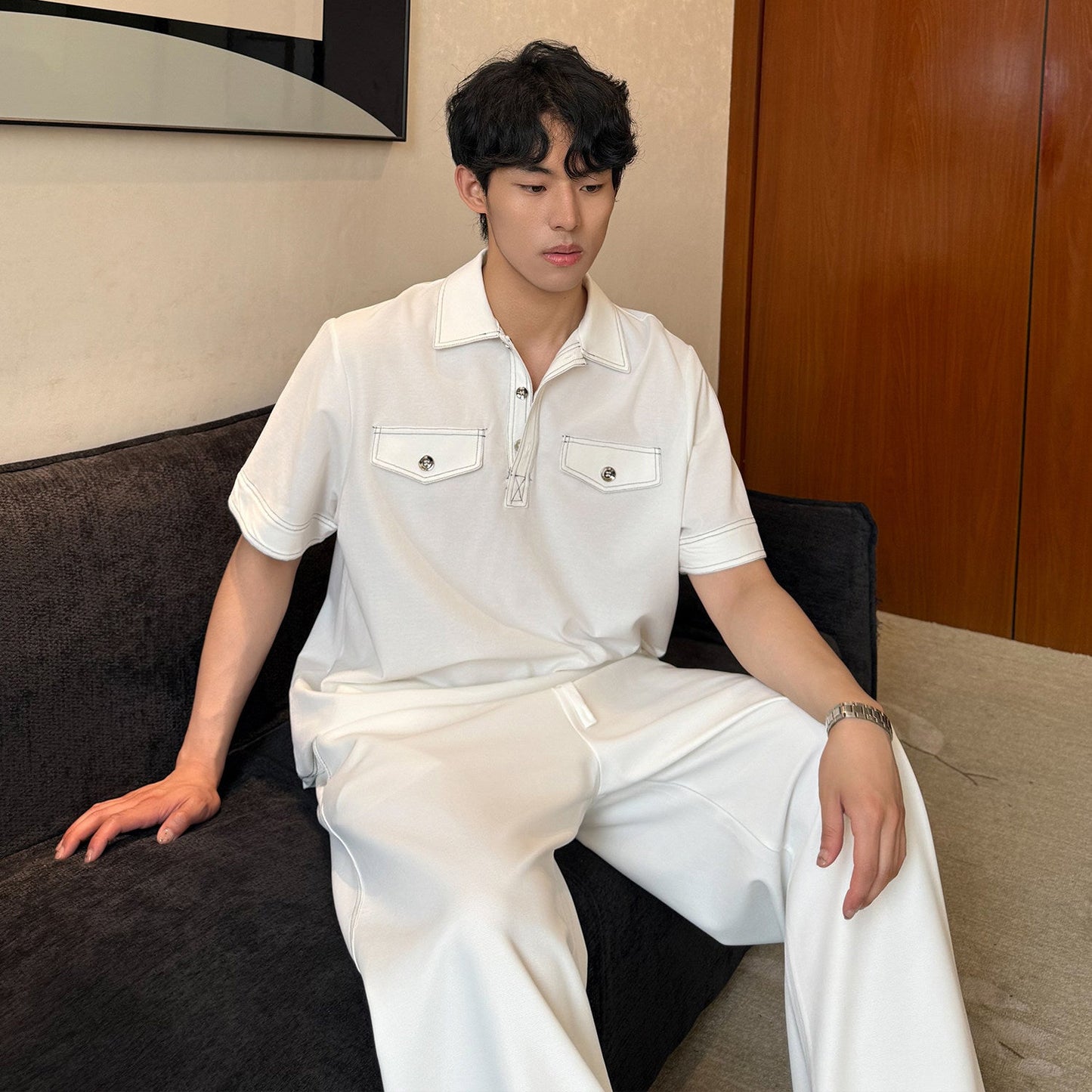 Contrast Stitch Short Sleeve Shirt & Wide Leg Trousers Setup WN24871