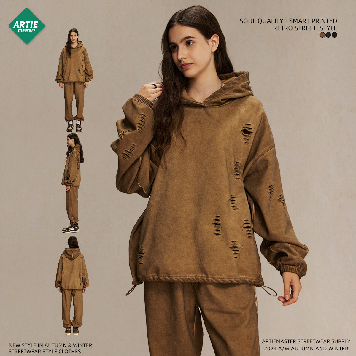 Oversize Drawstring Damage Hoodie WN9974