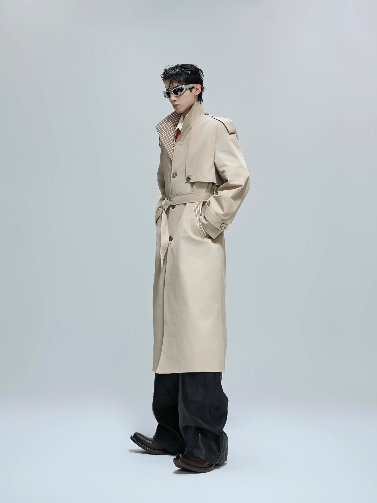 Striped Mix Stitch Standing-Collar Long Trench Coat WN21684