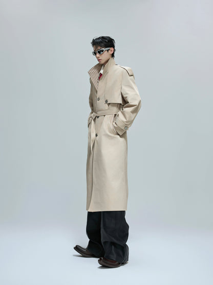 Striped Mix Stitch Standing-Collar Long Trench Coat WN21684