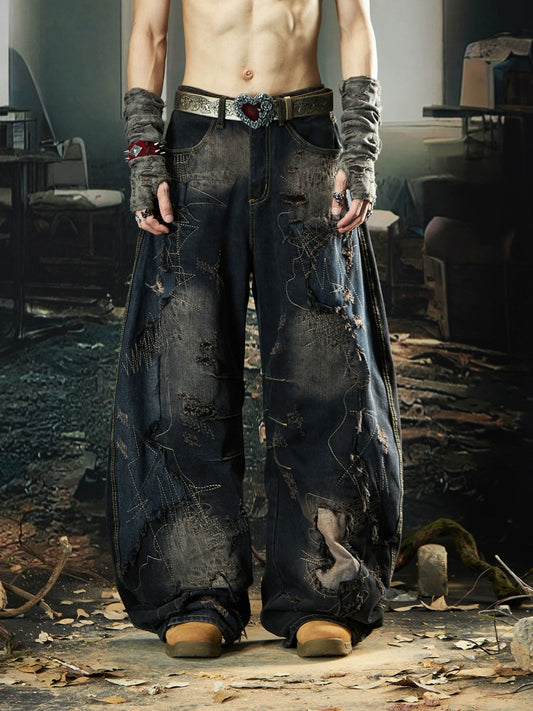 Patchwork Washed Raw Hem Deconstructed Curved Hem Wide Leg Denim Jeans WN18478
