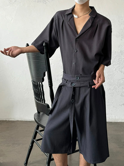 Cuban Collar Pleats Structured Short Sleeve Shirt WN19989