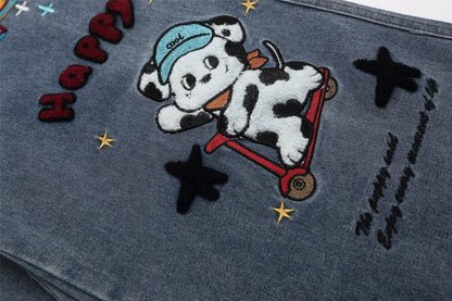 Cartoon Embroidery Wide Leg Denim Jeans WN26946