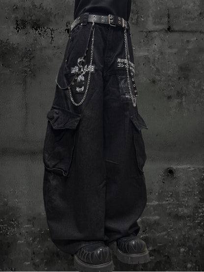 Patch Logo Cargo Wide Leg Denim Jeans & Skull Belt & Belt Chain WN23800
