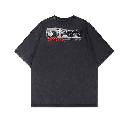 Graphic Print Wash Damage Cotton Short Sleeve T-Shirt WN25645