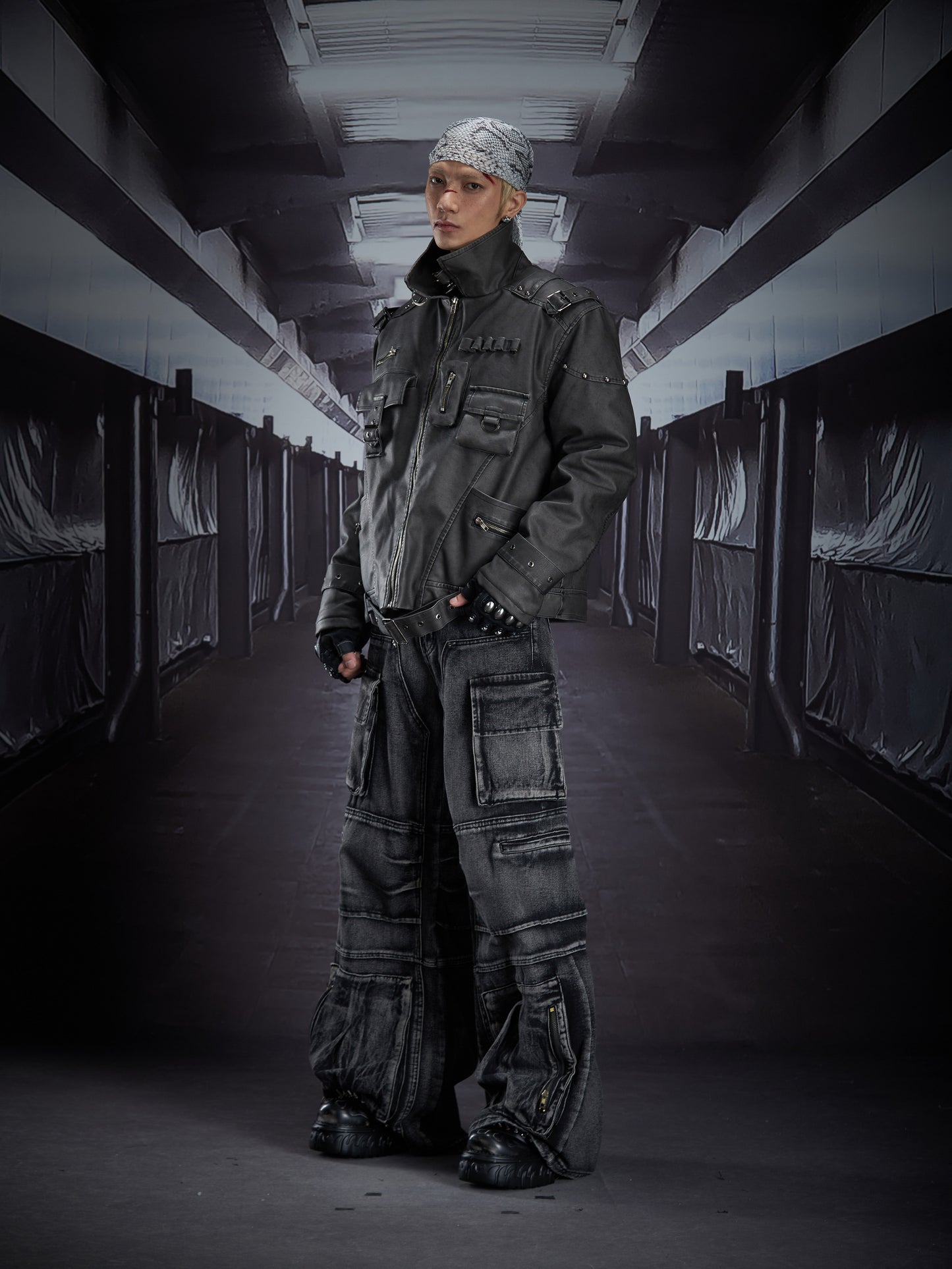 Heavy Deconstruct Patchwork Fitted Short PU Leather Jacket WN22910