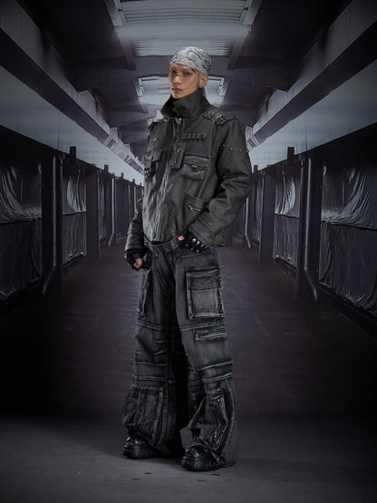 Heavy Deconstruct Patchwork Fitted Short PU Leather Jacket WN22910