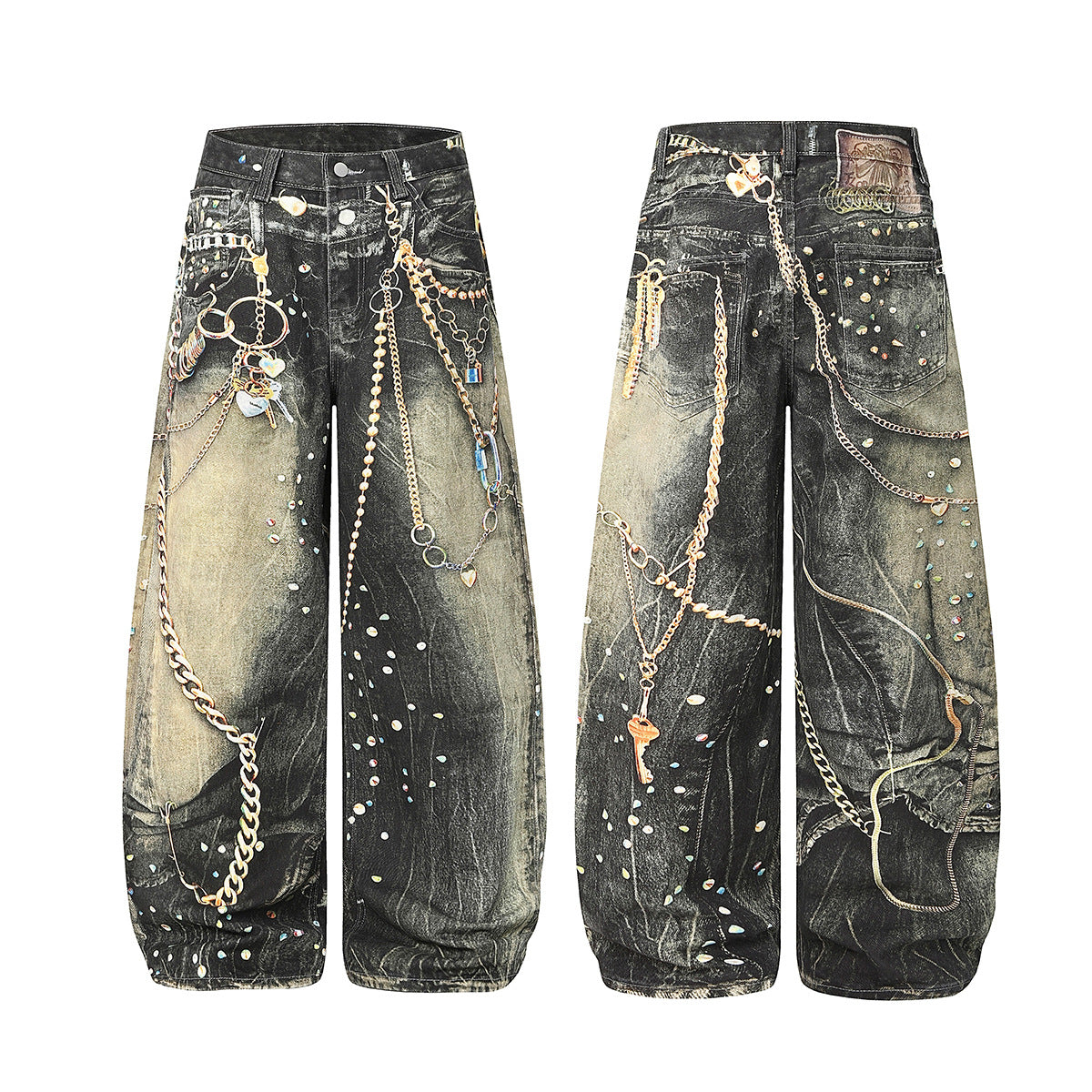 Chain Paint  3D Print Washed Wide Leg Denim Jeans WN25475