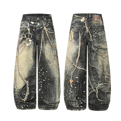 Chain Paint  3D Print Washed Wide Leg Denim Jeans WN25475